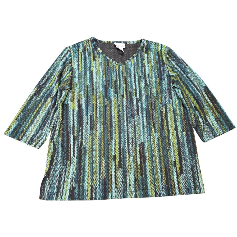 Bon Worth 3/4 Sleeve Top Women's Size SP Teal Green Abstract Stripe V-Neck